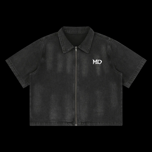 Vintage Washed Full-Zip Denim Shirt