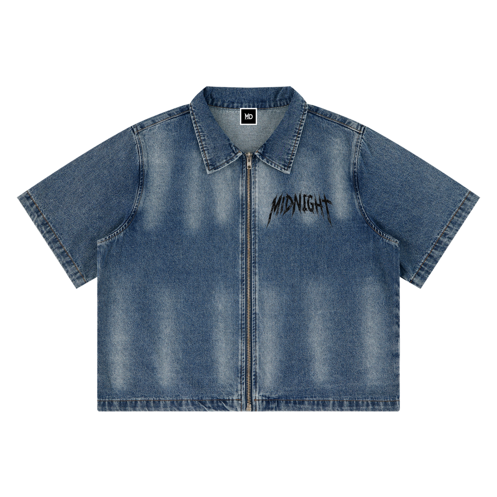 Unisex Vintage Washed Full-Zip Denim Shirt
